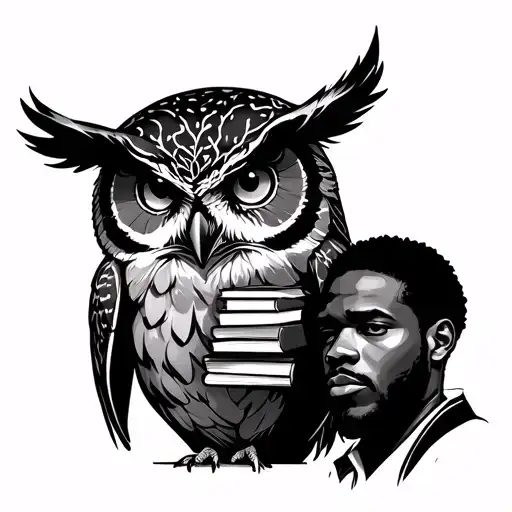 afrocentric owl and black man looking forward tattoo that incorporates books and knowledge. minimalistic/ fine line tattoo design idea