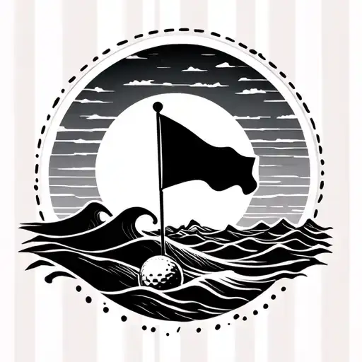 golf flag with waves and sun in background tattoo design idea