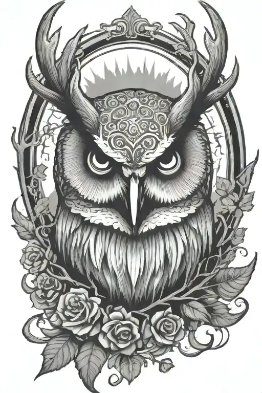 owl skull with moose antlers  tattoo design idea