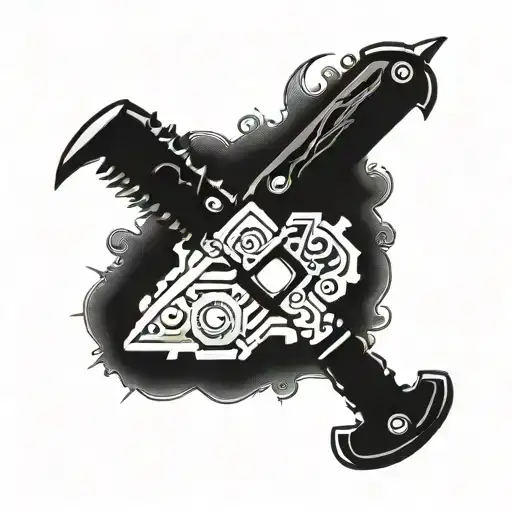 Incorporate intricate woodworking tools like chisels and saws into a design of a fantasy video game weapon tattoo design idea