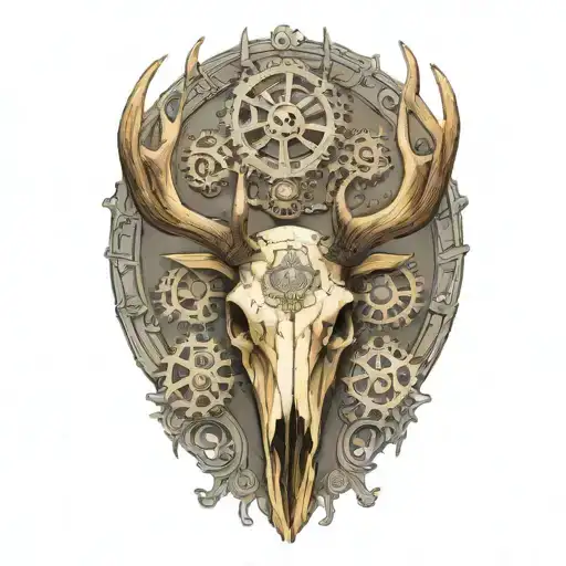 bull elk skull with antlers, tattered MS ribbon wrapped around antlers, mechanical gears tattoo design idea