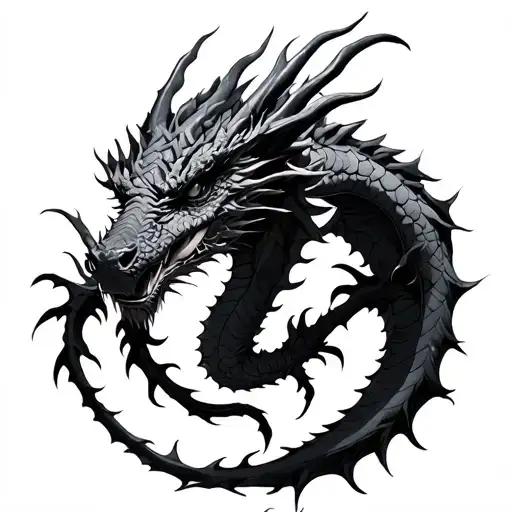 Blackwork Gostic Dragon Enrased in thorns and that is not so realistic and very dark very black colors tattoo design idea