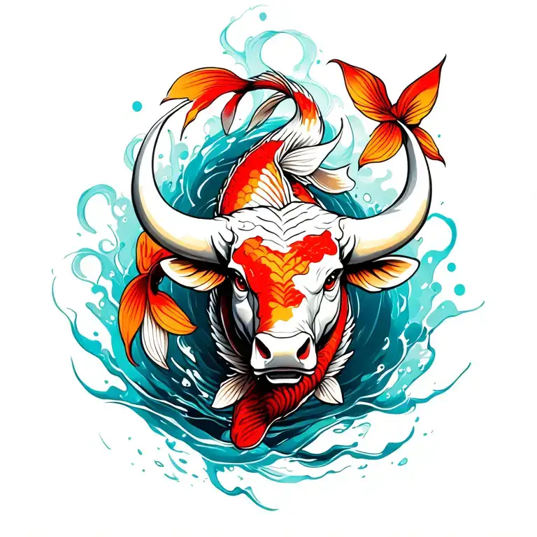 bull with jumping koi fish  tattoo design idea