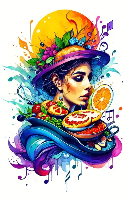 colorred sleeve tattoo including abstract , music, bdsm,gastronomy and cooking components tattoo design idea