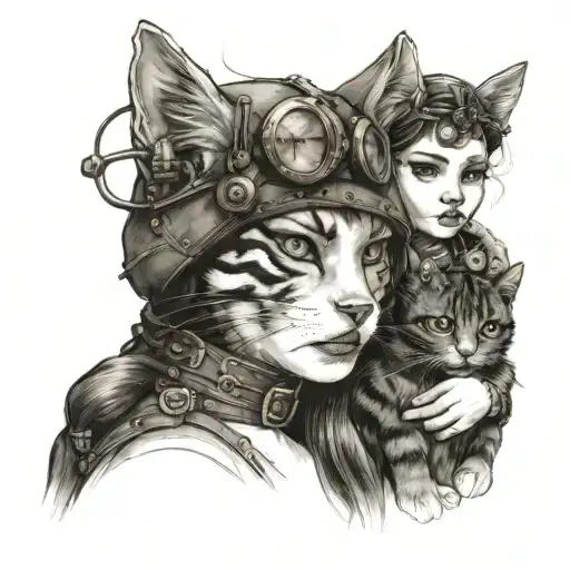 Steampunk woman with one grey tigercolored cat holding, cuddling, teardrop in her face, she was left alone, her family a tattoo design idea