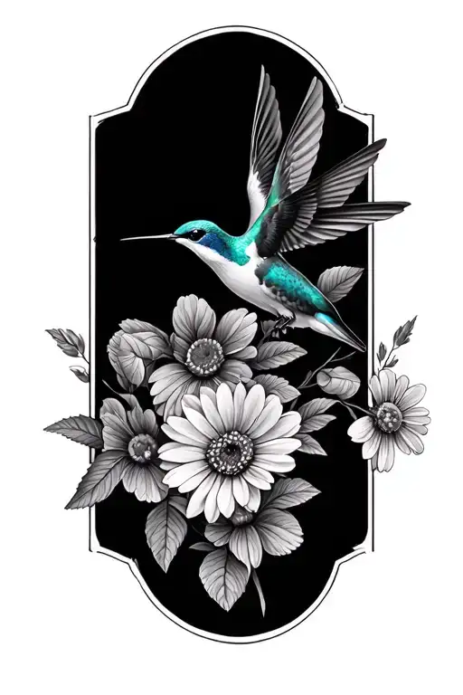 Htwo hummingbirds, asters and violets, black and grey, detailed, not bold, not dainty, fine line tattoo design idea