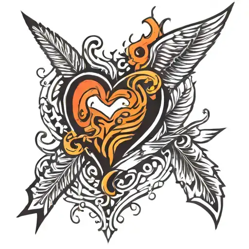 5 chevron arrows in a heart half water half fire with angel wings tattoo design idea