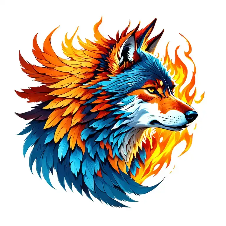 wolf Phoenix rising, facing out ,more flame less feathers tattoo design idea