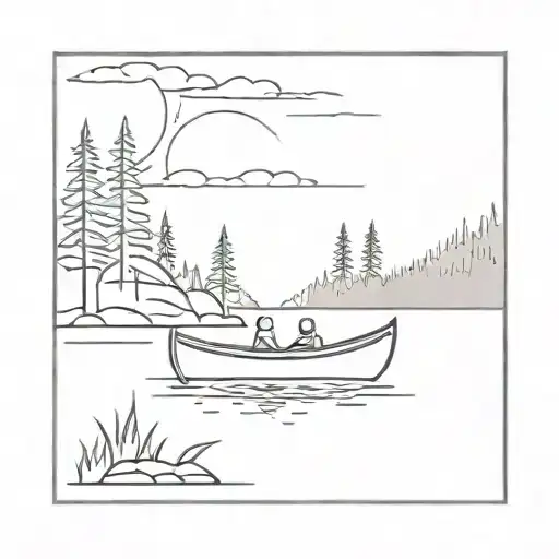 A minimalist design of a canoe floating on a serene lake surrounded by pine trees tattoo design idea