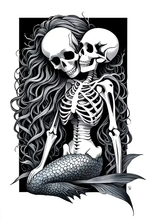 mermaid part skeleton tattoo design idea