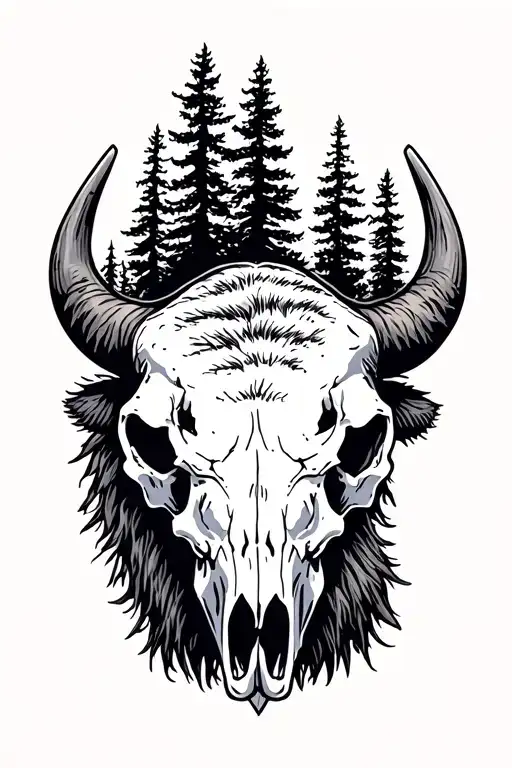 Bison Skull with trees in the background tattoo design idea