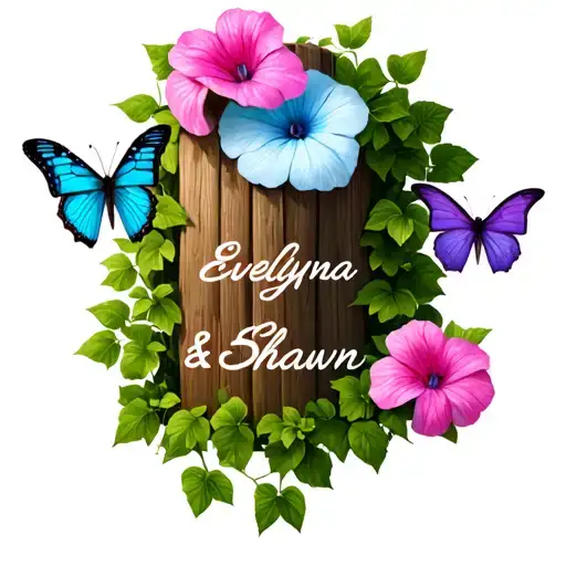"Evelyn, Alayna, & Shawn" A wooden fence post, pink morning glory, text in ivy, butterflies - one light blue, one purple, and one aquamarine  tattoo design idea