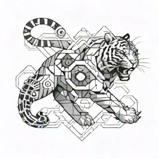 A geometric design of a swimming tiger surrounded by futuristic technology and marine life tattoo design idea