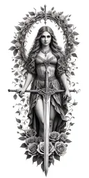 very very  old Celtic woman posing holding a sword  and the woman is surrounded in a circle of roses tattoo design idea
