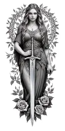 very very  old Celtic woman posing holding a sword  and the woman is surrounded in a circle of roses tattoo design idea