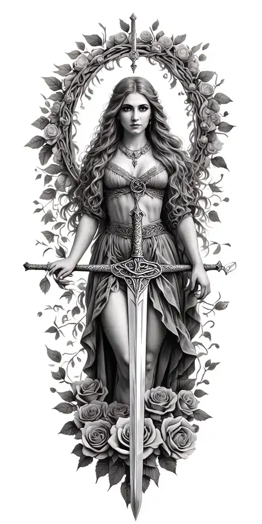 very very  old Celtic woman posing holding a sword  and the woman is surrounded in a circle of roses tattoo design idea