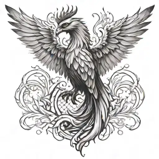 realistic phoenix with detailed feathers and flames rising from the ashes. tattoo design idea