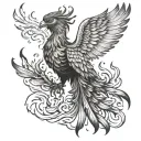 realistic phoenix with detailed feathers and flames rising from the ashes. tattoo design idea