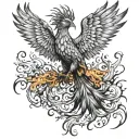 realistic phoenix with detailed feathers and flames rising from the ashes. tattoo design idea