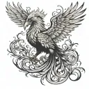 realistic phoenix with detailed feathers and flames rising from the ashes. tattoo design idea