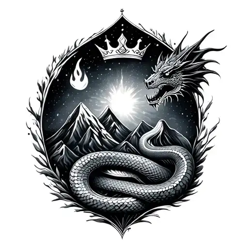 Collection of simple items, including a galaxy, a flame, a dragon, a snake, a crown, and a mountain range tattoo design idea