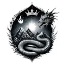 Collection of simple items, including a galaxy, a flame, a dragon, a snake, a crown, and a mountain range tattoo design idea