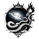 Collection of simple items, including a galaxy, a flame, a dragon, a snake, a crown, and a mountain range tattoo design idea