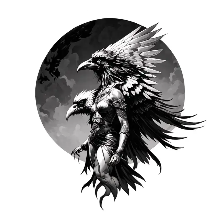 Valkyrie with raven flying tattoo design idea