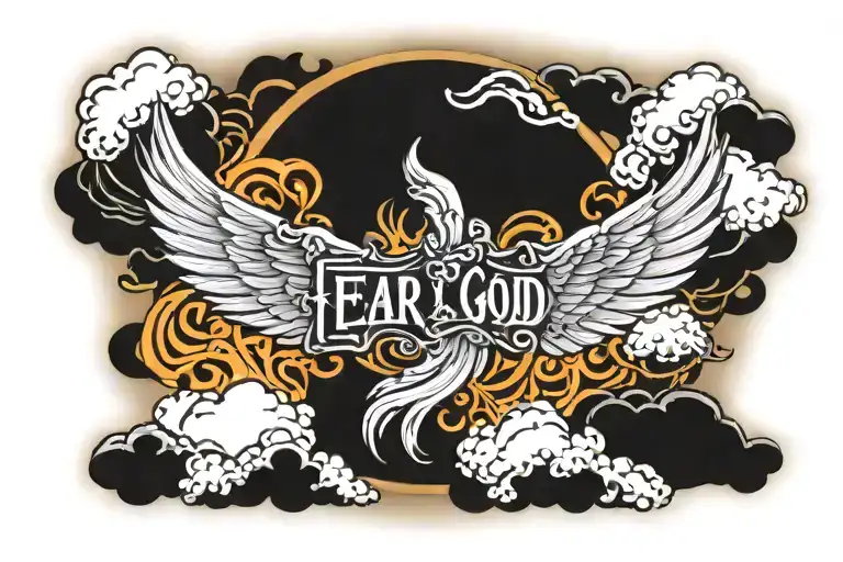 angel wings and clouds with fear god written on top tattoo design idea