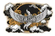 angel wings and clouds with fear god written on top tattoo design idea