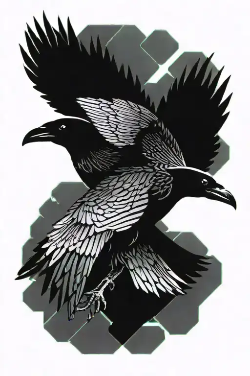 bird - raven or crow flying - wings spread out - have maybe like a cyber sigilism style of a woman inside of the bird tattoo design idea