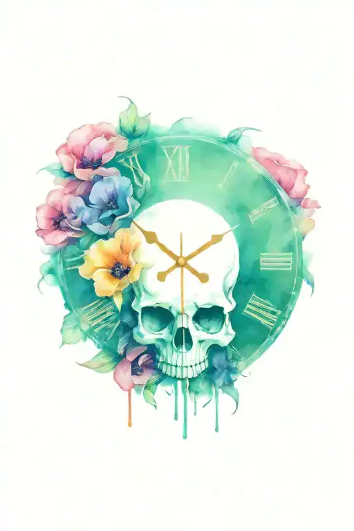 poppy flower, analog clock 12:12, skull, @, scales of justice tattoo design idea
