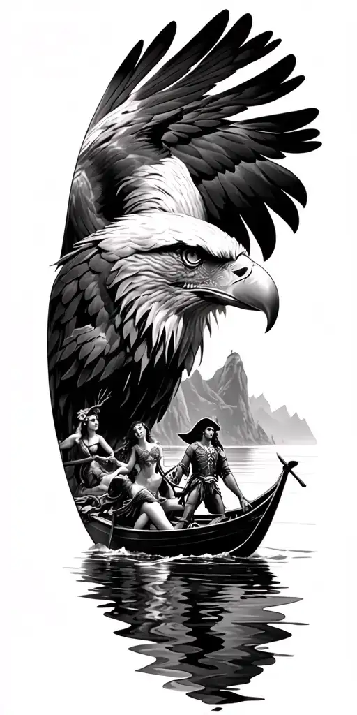a full sleeve with an eagle at the top and  a neverland lagoon from Peter pan with a pirate in a row boat and mermaids tattoo design idea