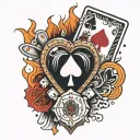 heart with flames and poker chips scattered and ace of spades tattoo design idea