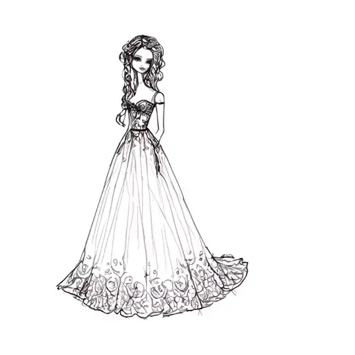 rag doll, long evening dress tattoo design idea