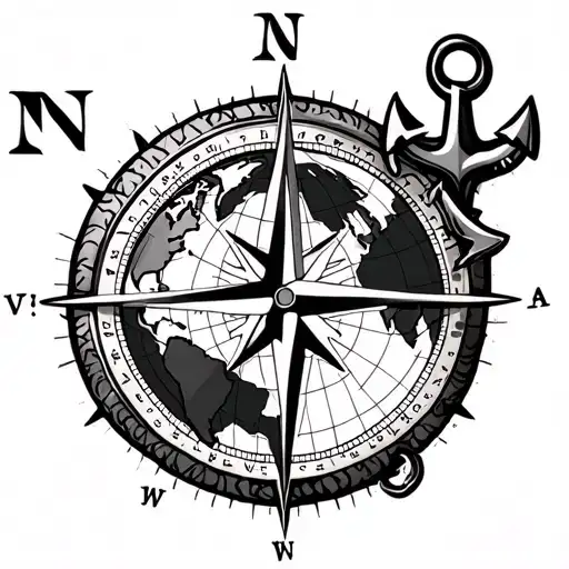 travel tatoo with compass anchor and continents tattoo design idea