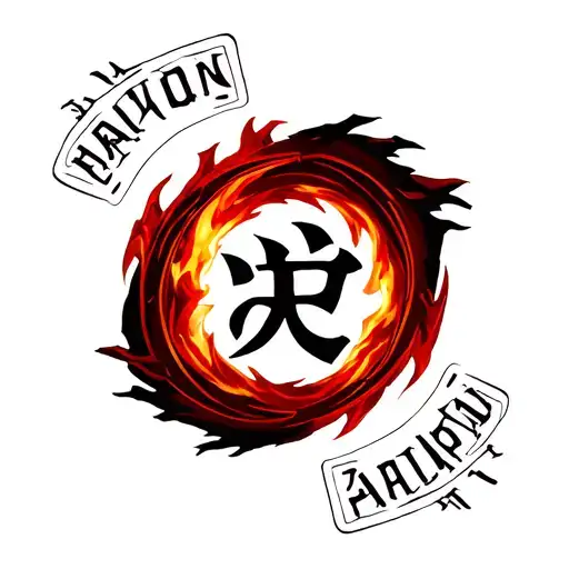 create a tatto of a fire nation emblem sorrounded by a perfect circle then sorrounded by the words 仕えて従う 殺す evenly tattoo design idea