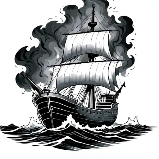 burning sinking ship through stormy sea tattoo design idea