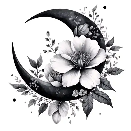 Crescent moon flowers 444 written tattoo design idea
