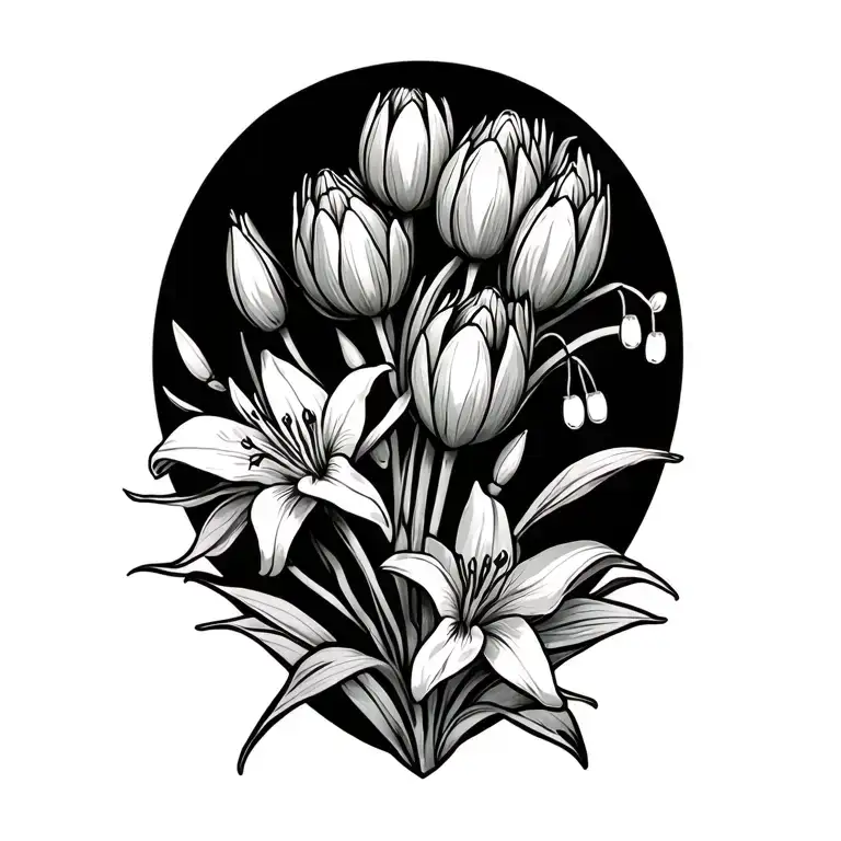 protea, gladiolus, lily of the valley flowers tattoo design idea