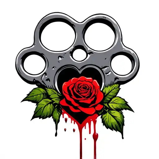 Purple Heart SHaped brass knuckles slightly bloody with a Red Rose going through a knuckle hole tattoo design idea