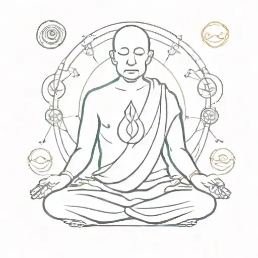 meditating monk with chakras / energy centers tattoo design idea