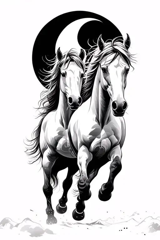 black and white tattoo of two horses running with a crescent moon in the background  tattoo design idea
