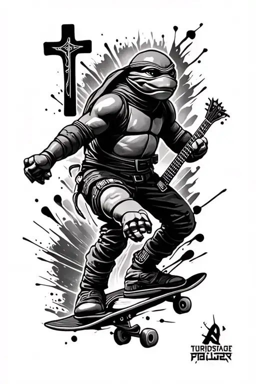 black and white shoulder tattoo that individually shows skateboarding, ninja turtle, christian cross and rock n roll tattoo design idea