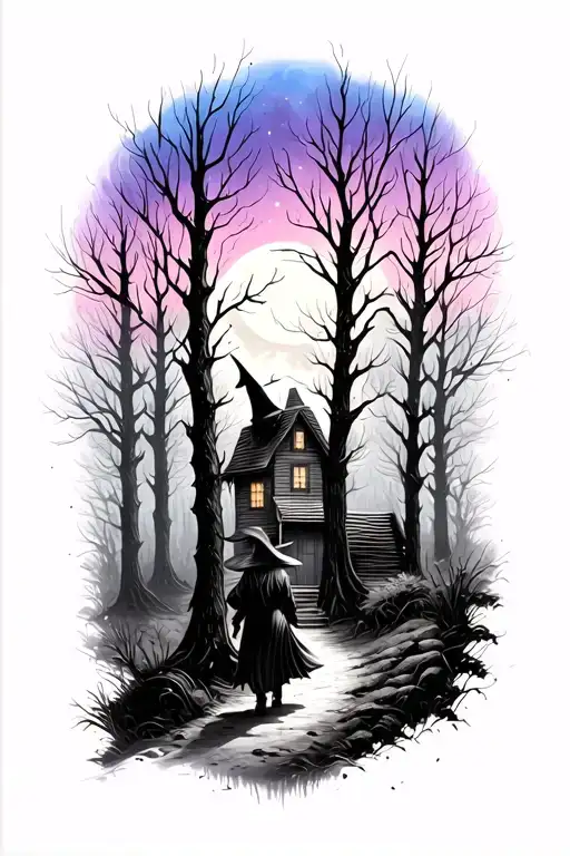 black and white, witch walking through the woods towards house. moon and pastel purple pink and blue sky. tattoo design idea
