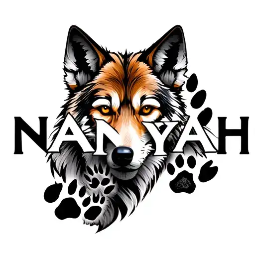 “tattoo, inscription Namyah, each letter is a paw print of a different animal: wolf, fox, bear, lynx, cat, tiger tattoo design idea