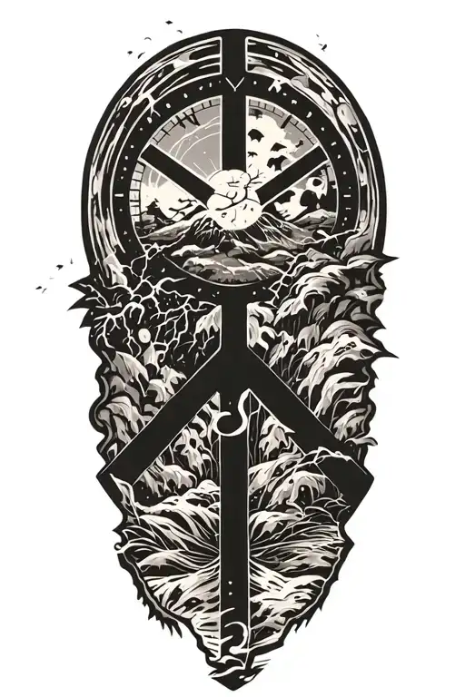peace and lightining storm and time and nature tattoo design idea
