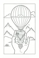 Minimalistic fine line tattoo design featuring moutains with small hot air ballon into palm trees  tattoo design idea