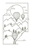Minimalistic fine line tattoo design featuring moutains with small hot air ballon into palm trees  tattoo design idea