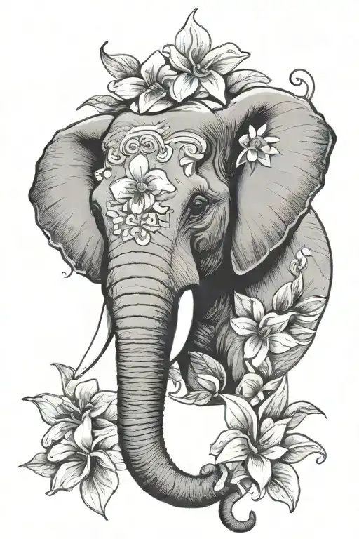 elephant head with frangipani flower tattoo design idea
